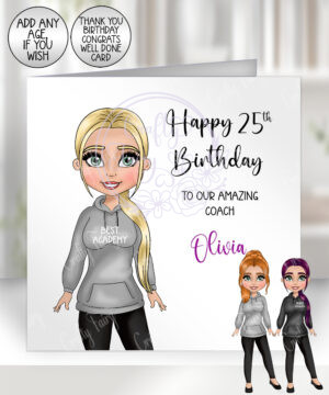 personalised gymnastics & cheer coach lady birthday card