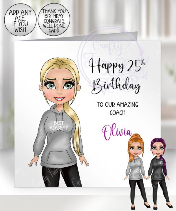 personalised gymnastics & cheer coach lady birthday card
