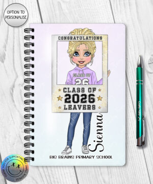 personalised class of 2026 school leaver girl selfie frame a5 notebook