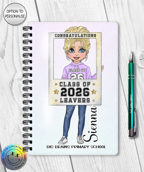 personalised class of 2026 school leaver girl selfie frame a5 notebook