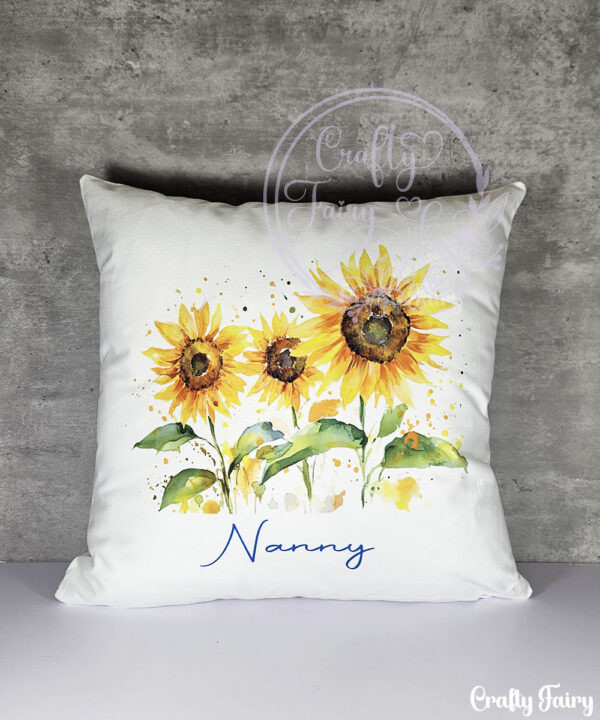 personalised watercolour sunflowers white velvet cushion