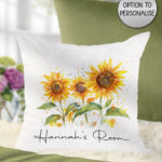 personalised watercolour sunflowers white velvet cushion