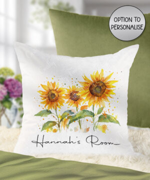 personalised watercolour sunflowers white velvet cushion