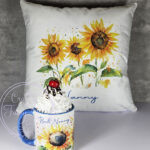 personalised watercolour sunflowers white velvet cushion