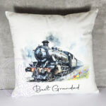 personalised vintage steam train white velvet cushion