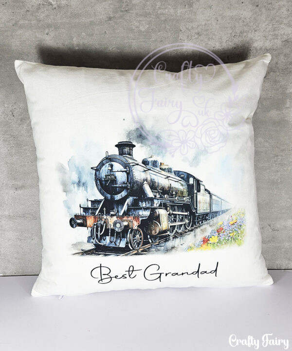 personalised vintage steam train white velvet cushion