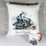 personalised vintage steam train white velvet cushion