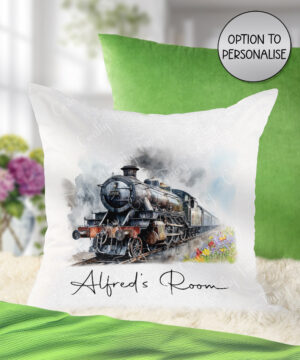 personalised vintage steam train white velvet cushion