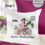personalised female book lover love reading cushion cat, wine options