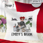 personalised female book lover love reading cushion cat, wine options