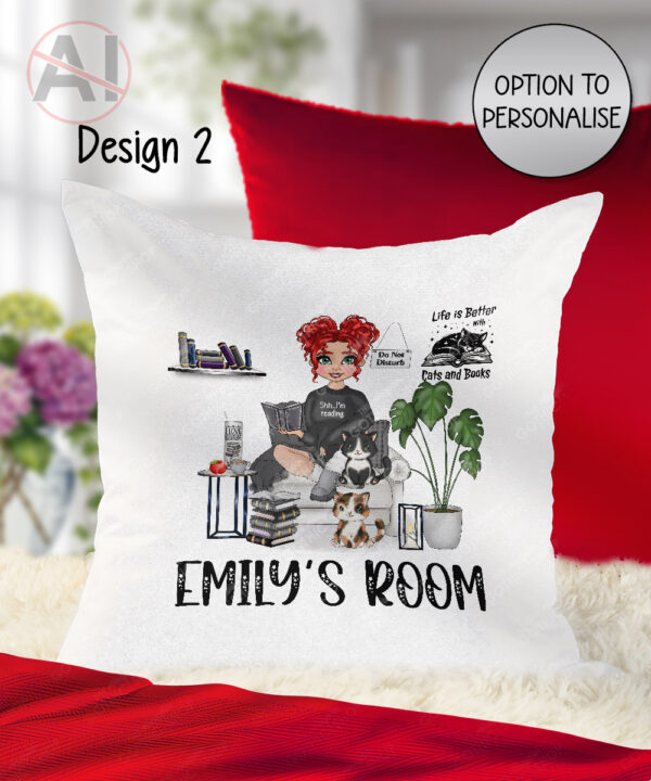 personalised female book lover love reading cushion cat, wine options