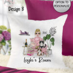 personalised female book lover love reading cushion cat, wine options