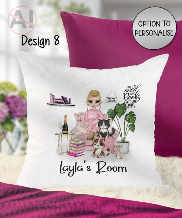 personalised female book lover love reading cushion cat, wine options