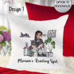personalised female book lover love reading cushion cat, wine options