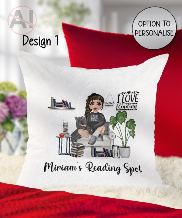 personalised female book lover love reading cushion cat, wine options