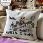personalised female book lover love reading cushion cat, wine options
