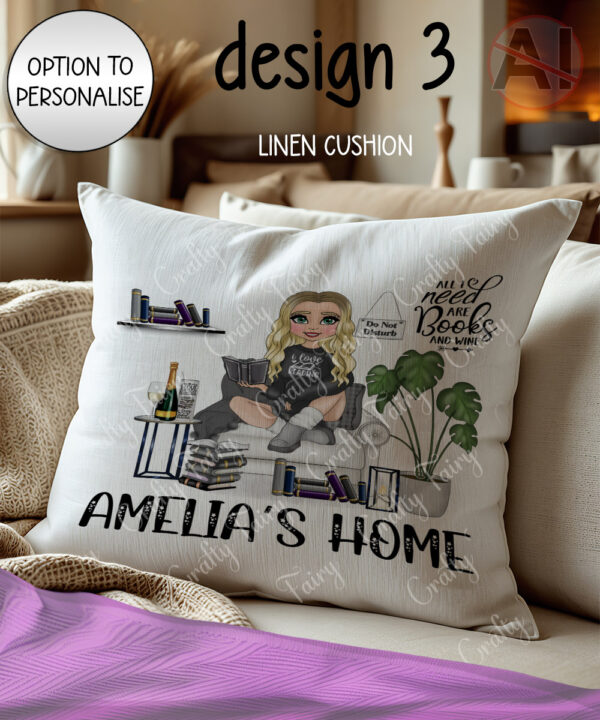 personalised female book lover love reading cushion cat, wine options