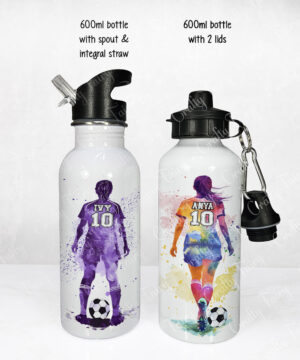 personalised watercolour football girl straight water bottle