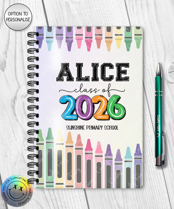 personalised class of 2026 school leaver crayons a5 notebook