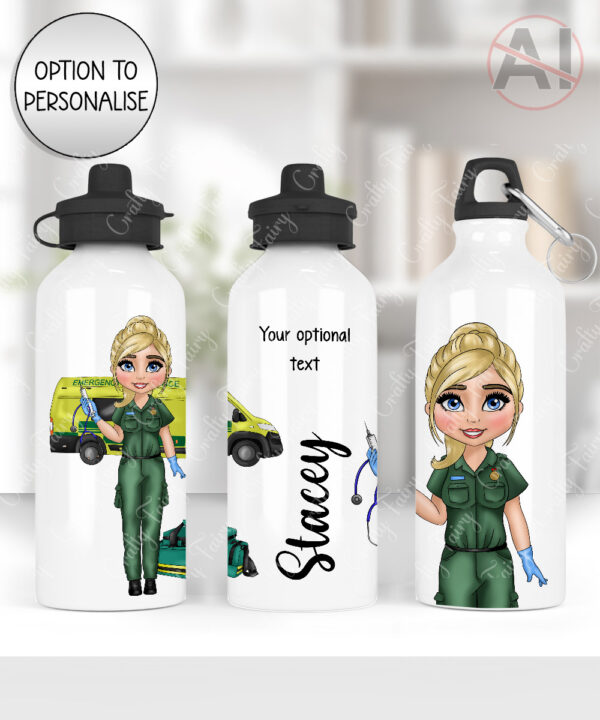personalised female paramedic & ambulance straight water bottle
