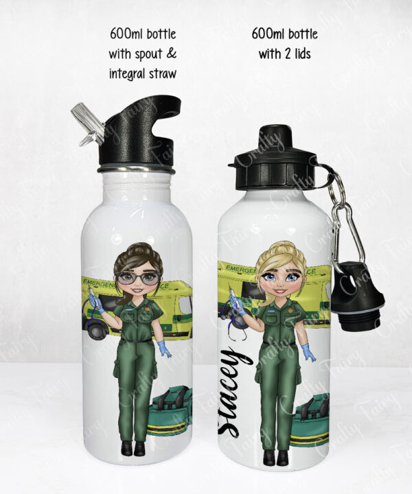 personalised female paramedic & ambulance straight water bottle