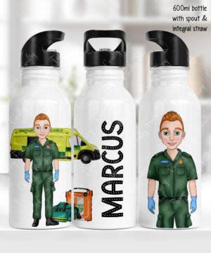 personalised male paramedic & ambulance 600ml straight water bottle