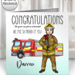 personalised male firefighter & fire engine congratulations card