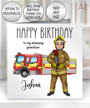 personalised male firefighter & fire engine birthday card