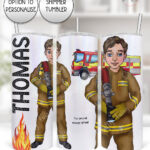 personalised male firefighter & fire engine straight 20oz tumbler