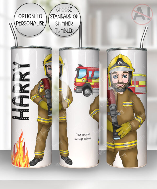 personalised male firefighter & fire engine straight 20oz tumbler