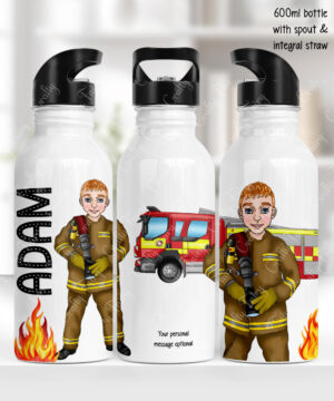 personalised male firefighter & fire engine 600ml straight water bottle