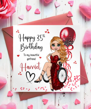 personalised lady in red dress on wheelchair birthday card