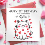 personalised cat with red hearts valentine's day card (also galentine's palentine's day)