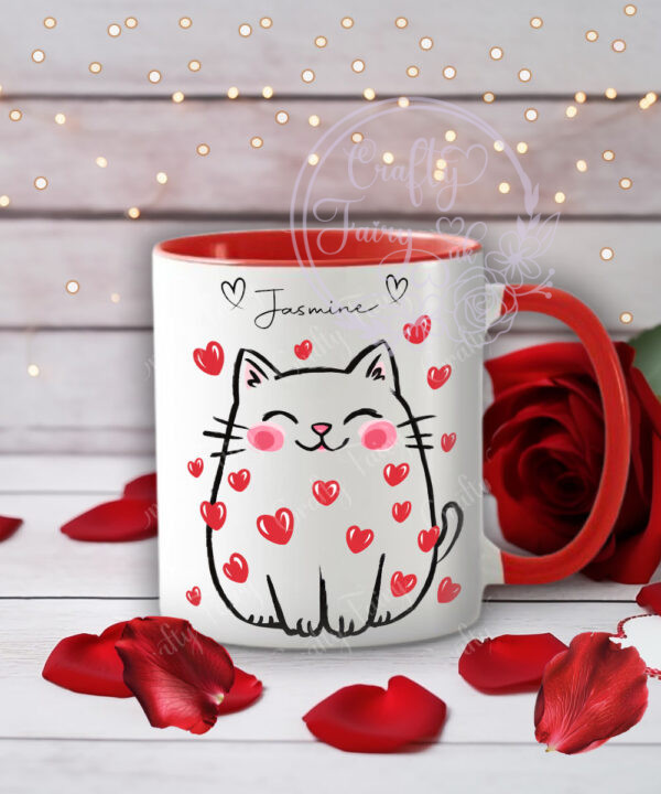 personalised cat with red hearts valentine's mug gift