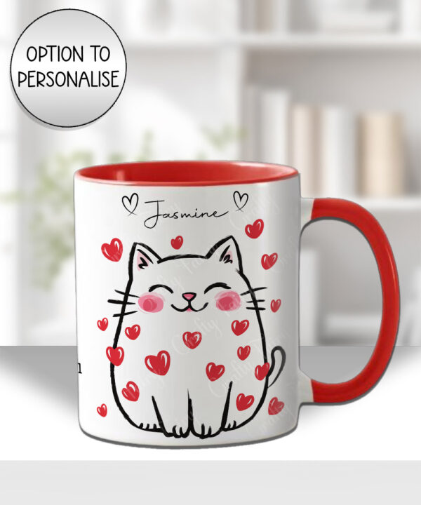 personalised cat with red hearts mug gift for cat lover