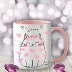 personalised cat with pink hearts valentine's mug gift