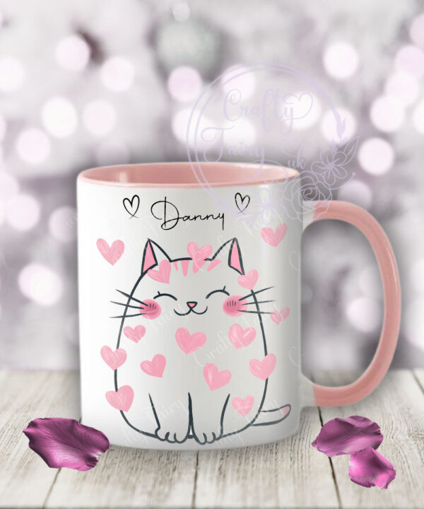 personalised cat with pink hearts valentine's mug gift