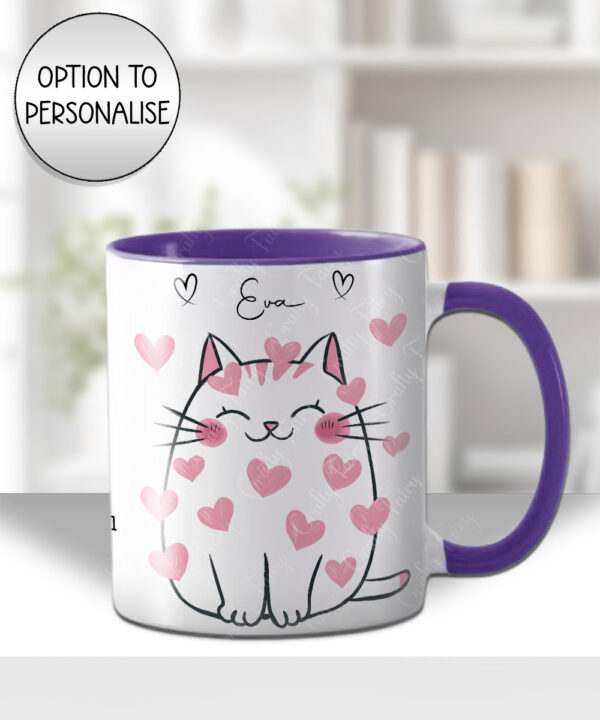 personalised cat with pink hearts mug gift for cat lover
