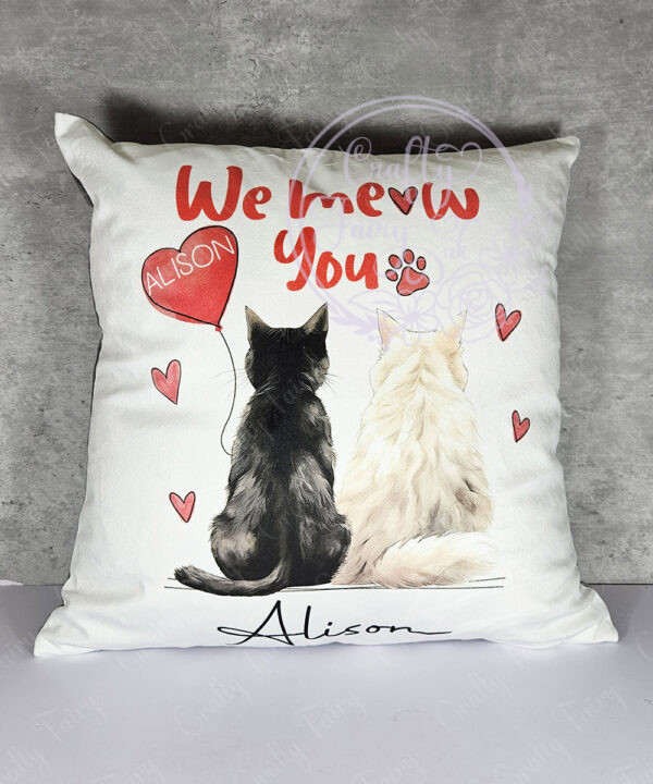 personalised "we meow you" two cats valentine's white velvet cushion
