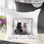 personalised cats at window white velvet cushion gift for cat lover