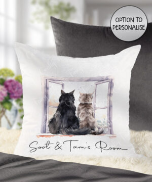 personalised cats at window white velvet cushion gift for cat lover
