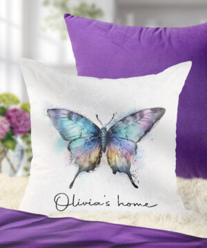 personalised iridescent stunning butterfly white velvet cushion