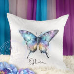 personalised iridescent stunning butterfly white velvet cushion