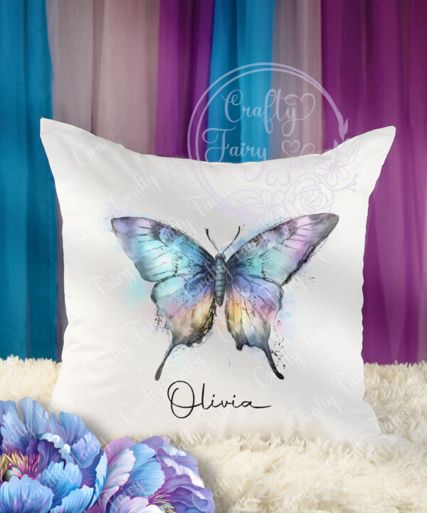 personalised iridescent stunning butterfly white velvet cushion