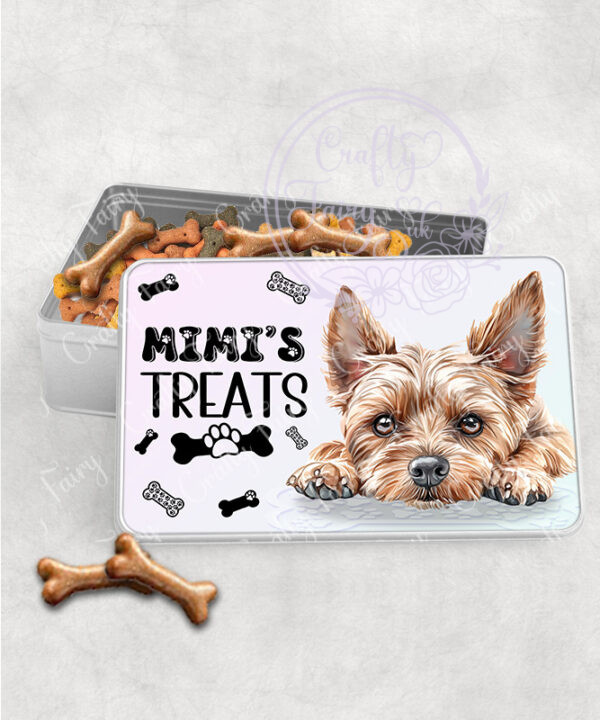 personalised cute dog treats rectangular medium tin lots of breeds