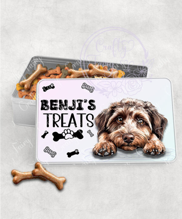 personalised cute dog treats rectangular medium tin lots of breeds