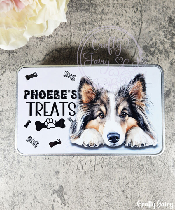 personalised cute dog treats rectangular medium tin lots of breeds