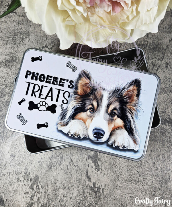 personalised cute dog treats rectangular medium tin lots of breeds