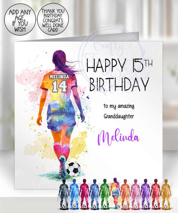 personalised watercolour football girl birthday card