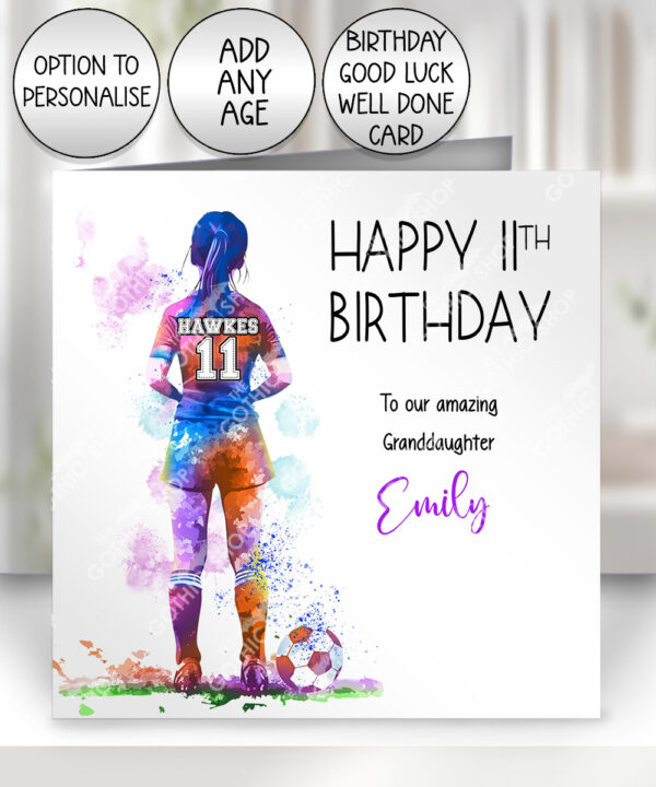 personalised watercolour football girl birthday card